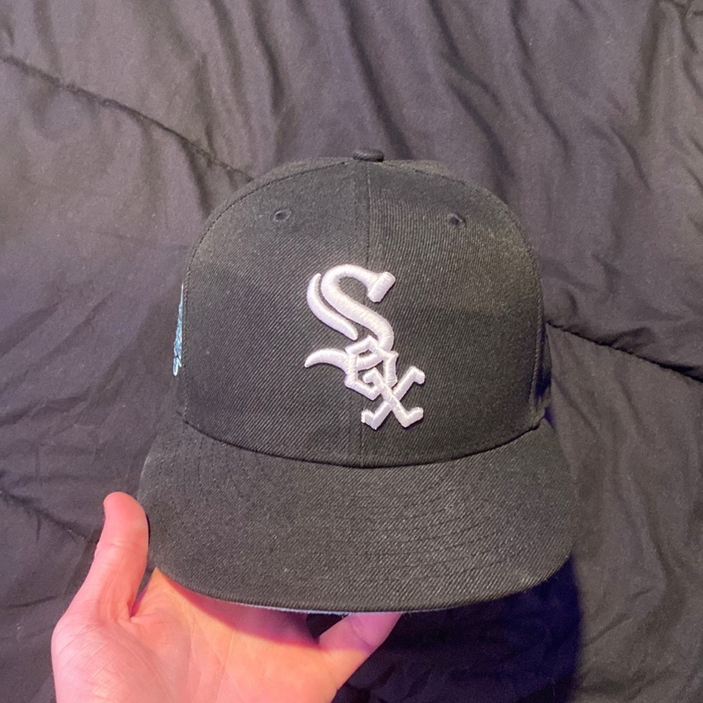 Black White Sox fitted hat, New ear brand, teal UV, size 7